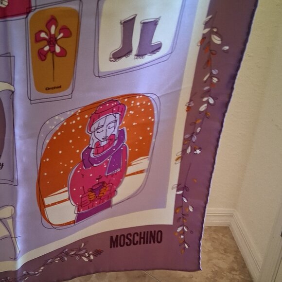 Vintage Moschino Larioseta Como Silk Scarf - Teacups & Shoes Print Red Border - Picture 4 of 5